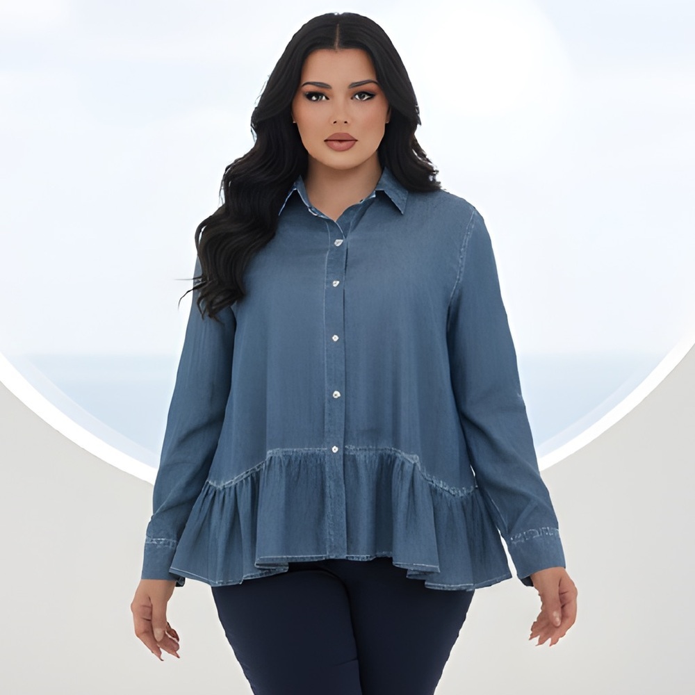 ANA SZ L blue long sleeved pull over button front top w/peplum/bust 46”/PTP 23”